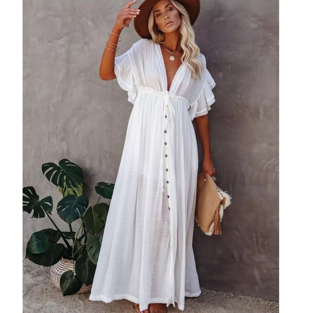 White Boho Plunge V Neck Maxi Dress - Picture 5 of 9